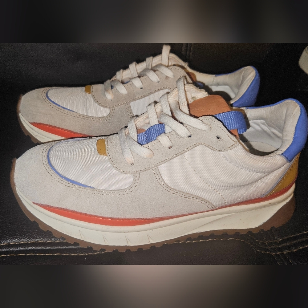 Madewell Cream and Blue Sneakers with Orange Accents